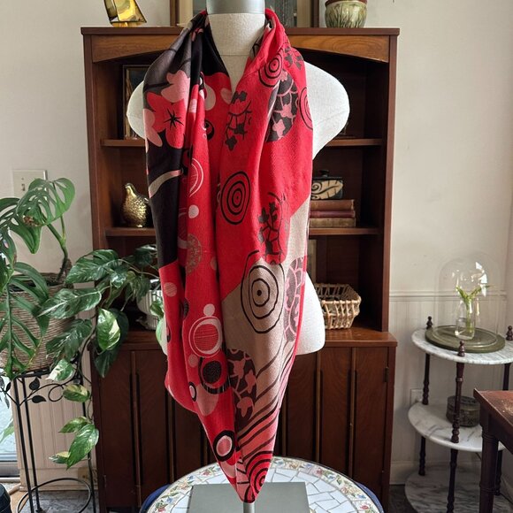 Floral Geometric Infinity Scarf: Red, Brown & Pink Abstract Circle Scarf - Picture 2 of 11